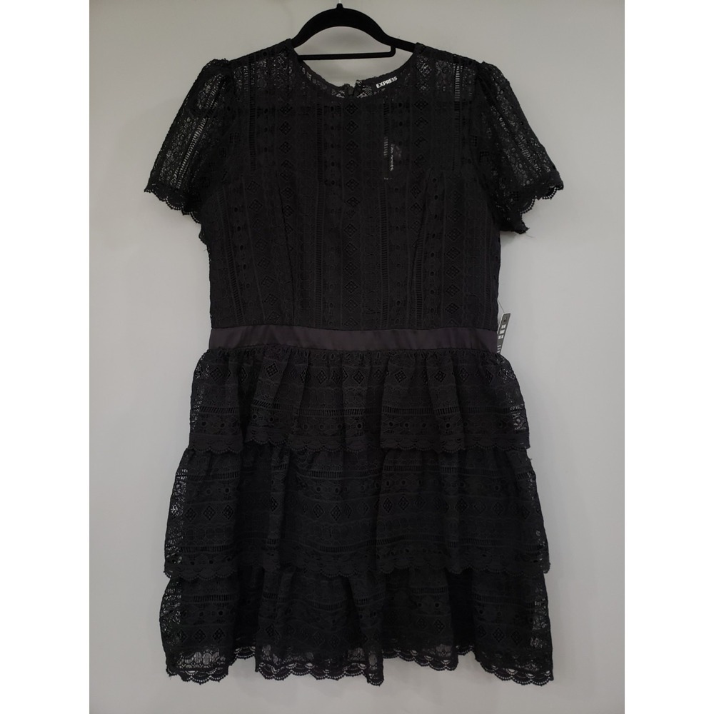 Express Black Floral Lace Tiered Short Sleeve Fit Flare Mini Dress WITCHY GOTHIC